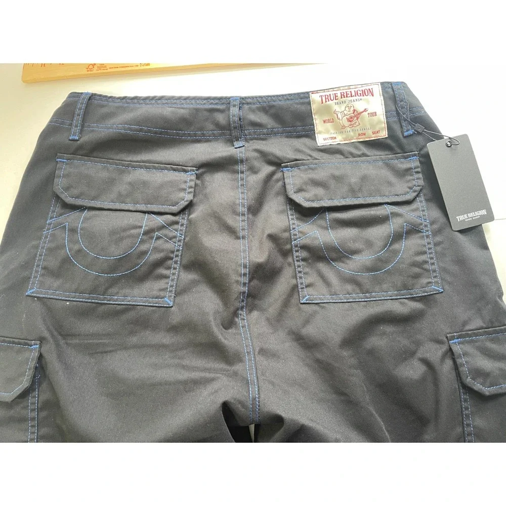 True Religion Mens Cargo Pants Jet Black Pacific Blue Contrast Stitch 34W New